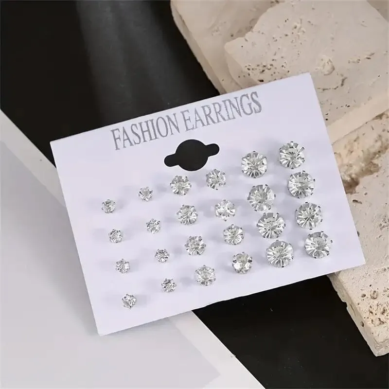 12-Pairs: Crystal Zircon Earrings Set