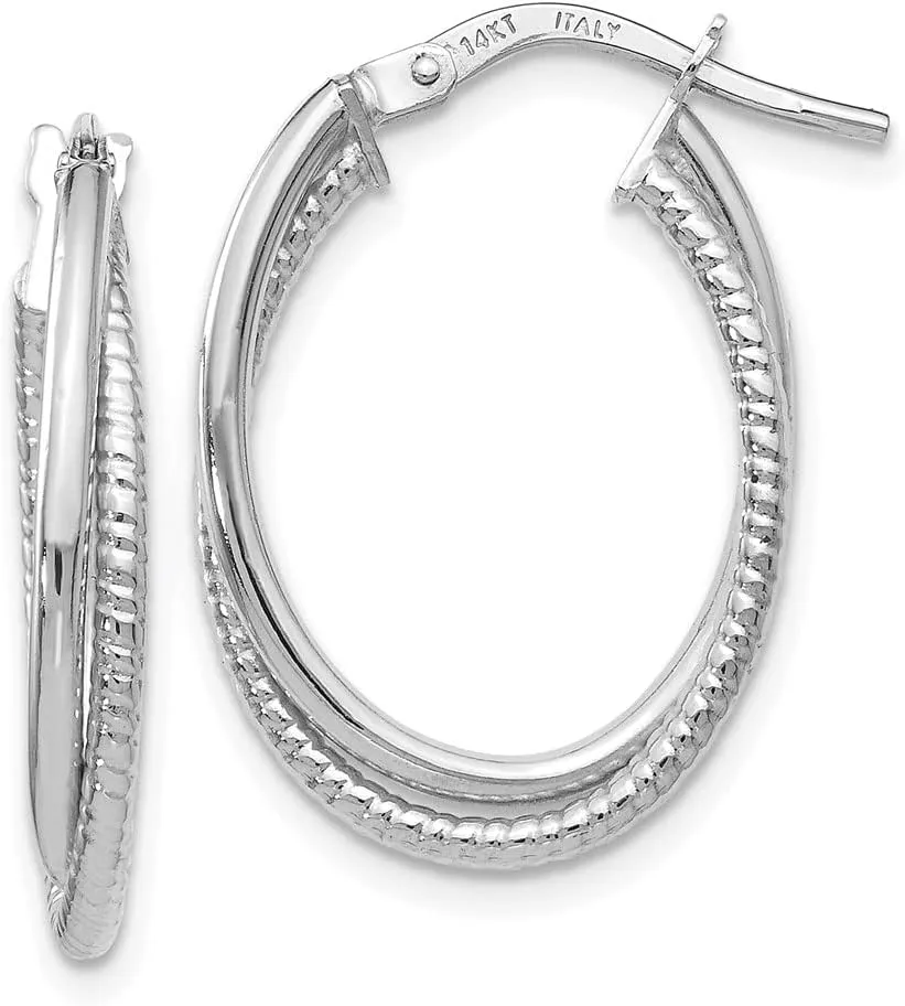 14K White Gold Textured Oval Tube Hoop Earrings - 23mm x 16mm