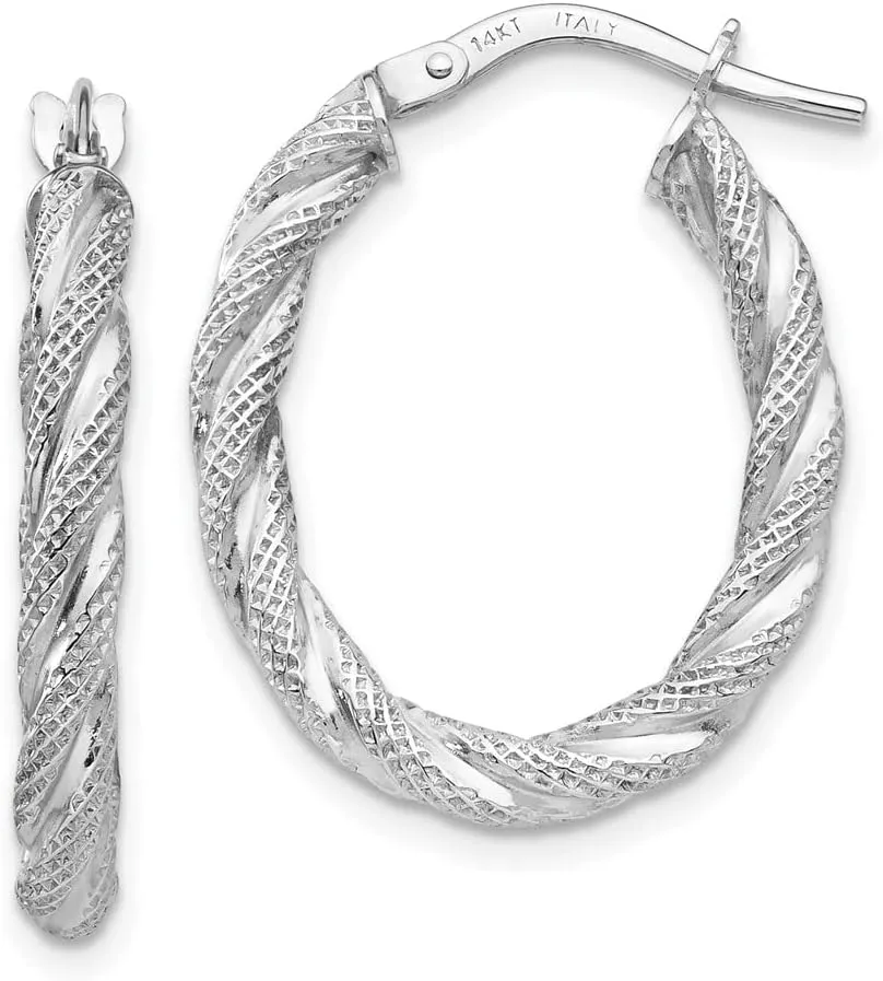 14K White Gold Twisted Textured Oval Tube Hoop Earrings - 24mm x 3mm