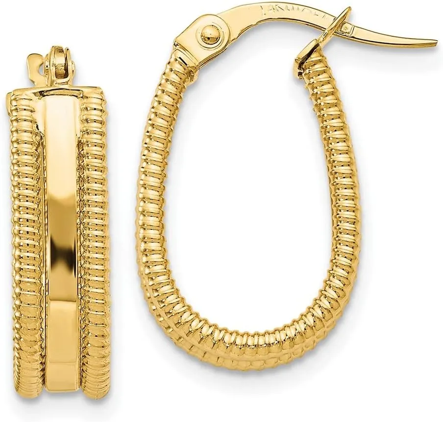14k Yellow Gold Textured Oval Tube Hoop Earrings - 19mm x 11mm