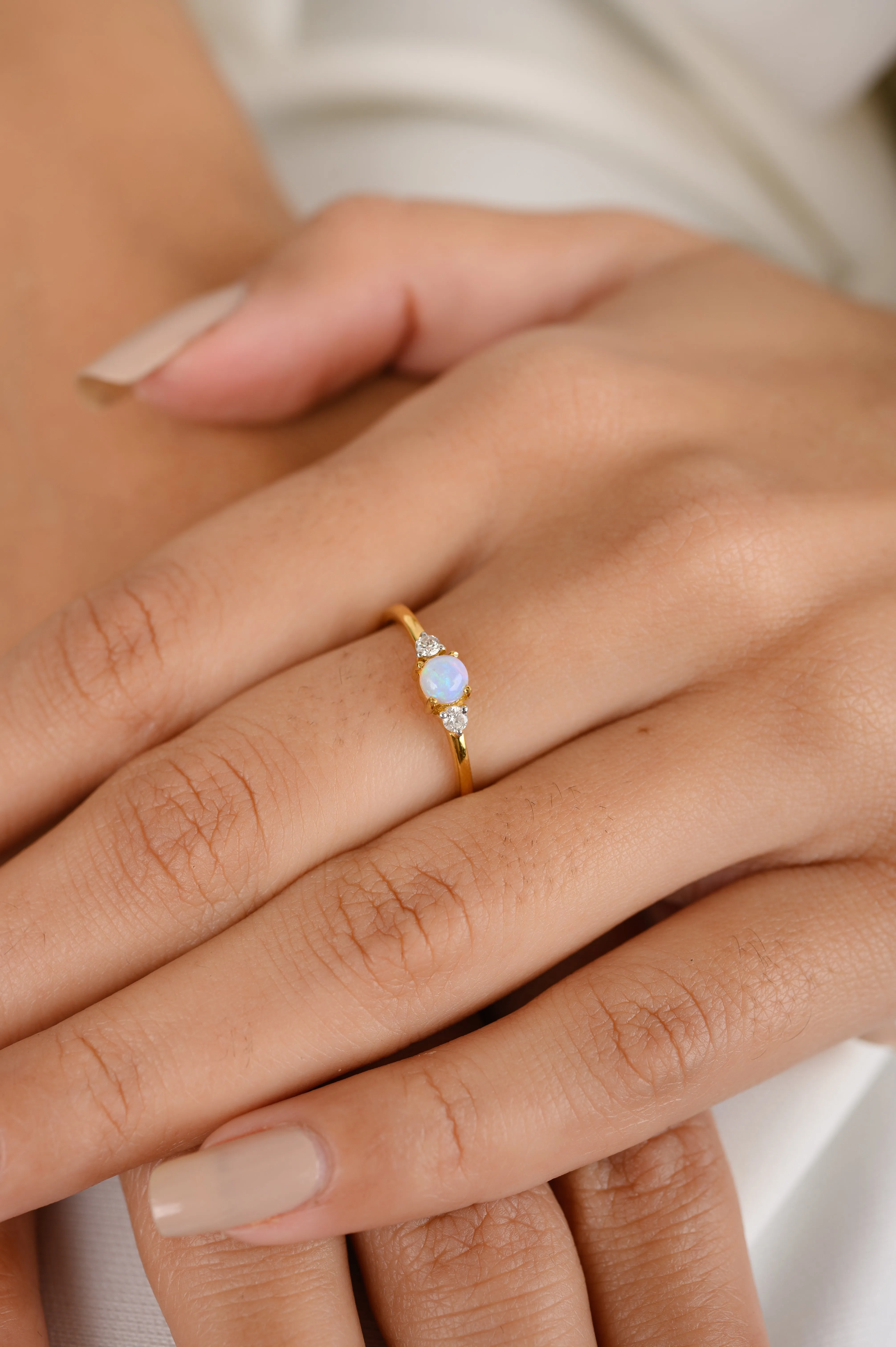 18K Gold Opal Diamond Dainty Ring