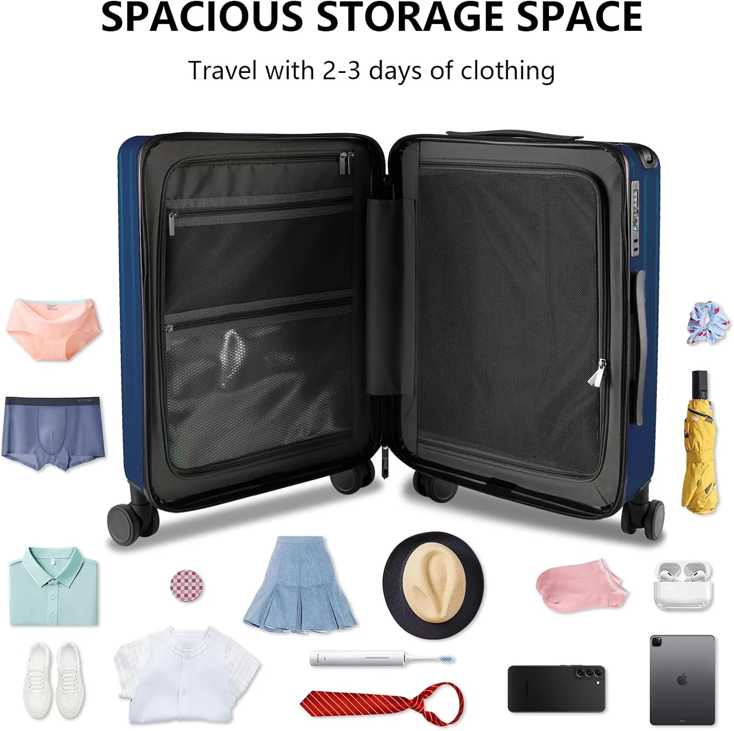 20-Inch Carry-On Luggage, Lightweight Durable PC Suitcase with TSA Lock, 360 Silent Wheels, Expandable Wide Handle Business Travel Suitcase for Airplane(Blue)