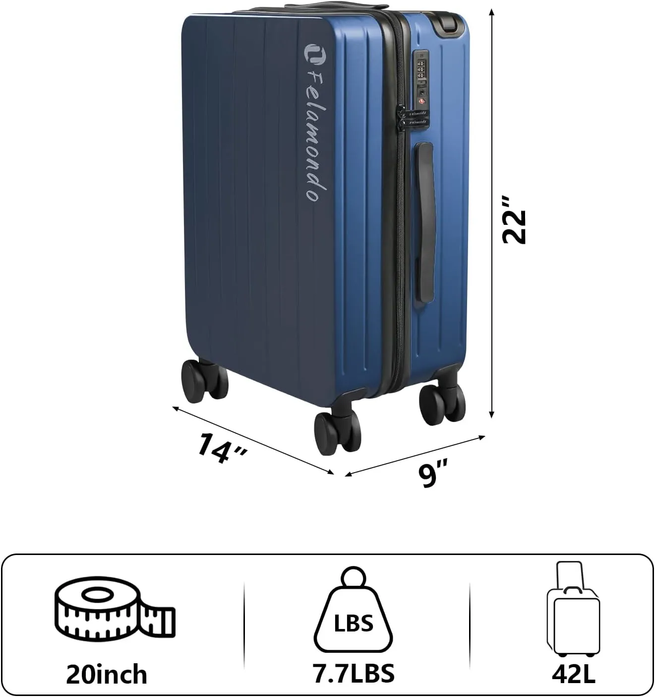 20-Inch Carry-On Luggage, Lightweight Durable PC Suitcase with TSA Lock, 360 Silent Wheels, Expandable Wide Handle Business Travel Suitcase for Airplane(Blue)
