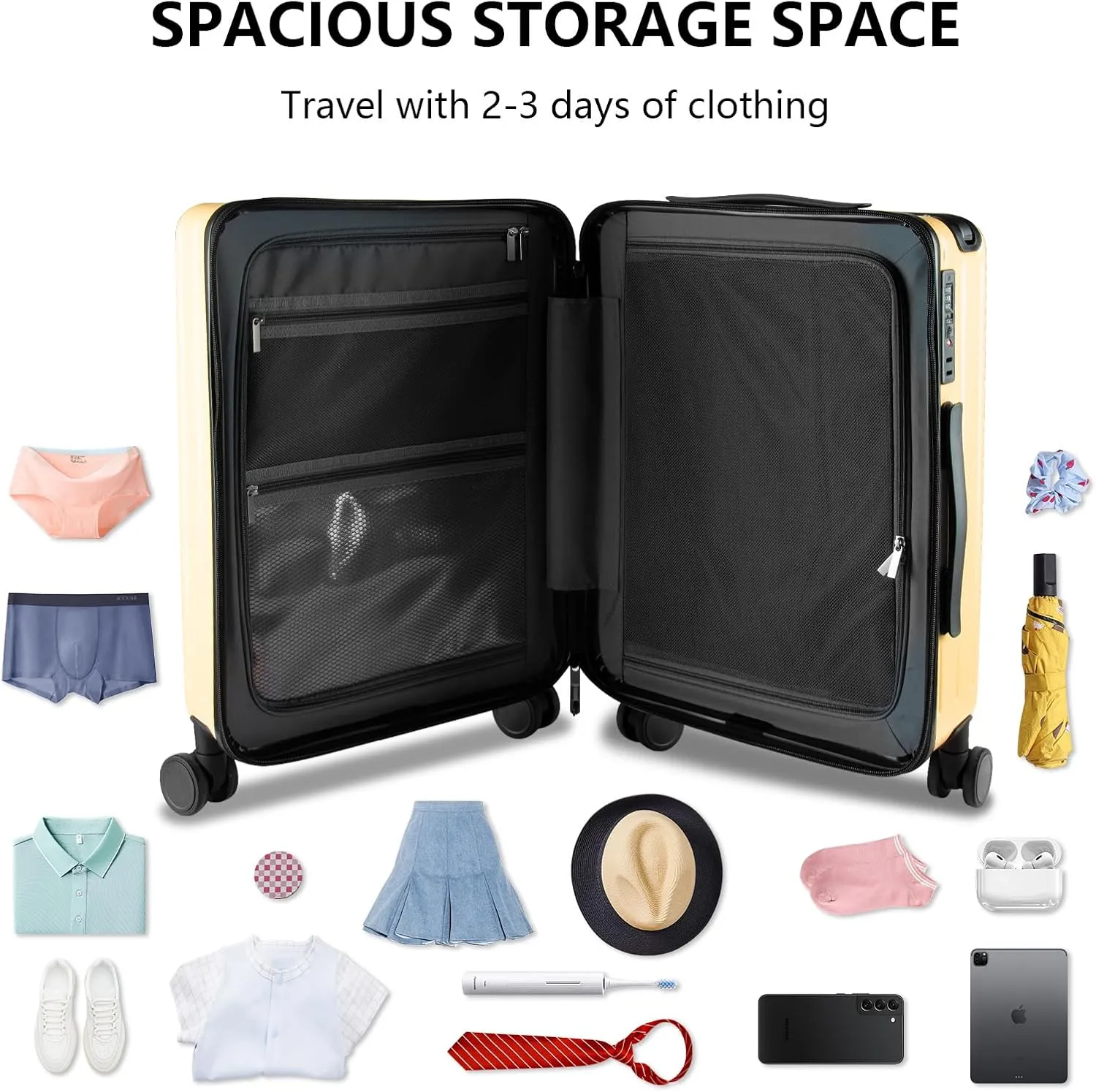 20-Inch Carry-On Luggage, Lightweight Durable PC Suitcase with TSA Lock, 360 Silent Wheels, Expandable Wide Handle Business Travel Suitcase for Airplane(Yellow)