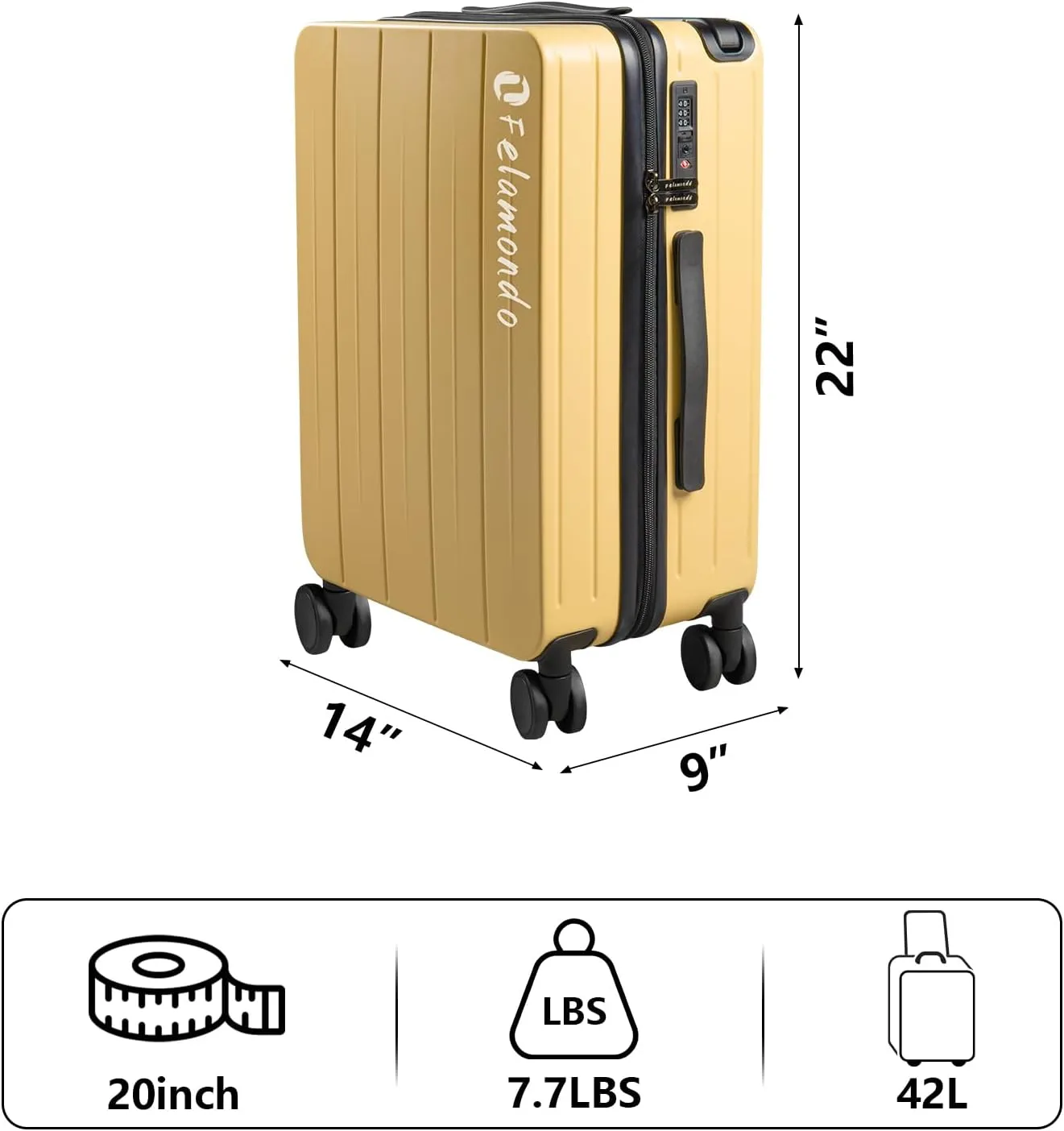 20-Inch Carry-On Luggage, Lightweight Durable PC Suitcase with TSA Lock, 360 Silent Wheels, Expandable Wide Handle Business Travel Suitcase for Airplane(Yellow)