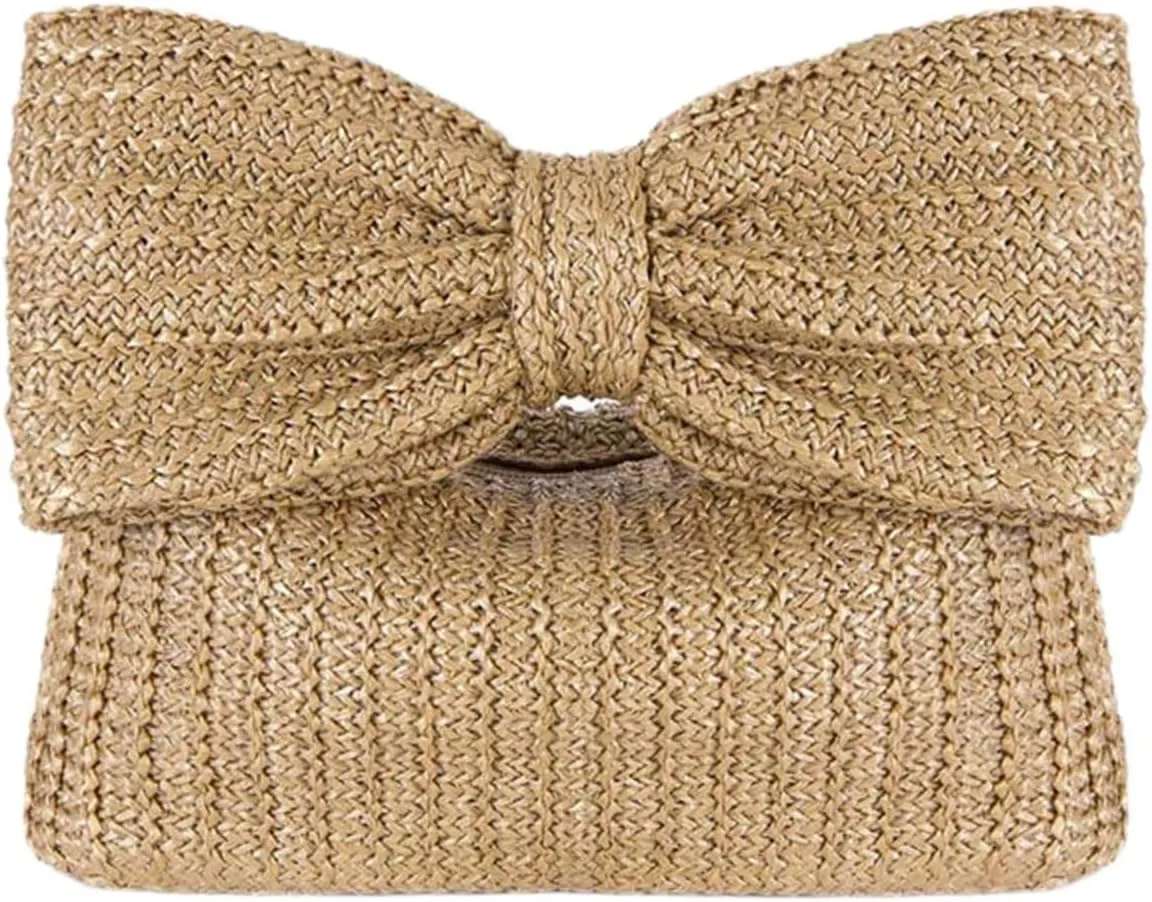 2025 Trendy Women's Bow Straw Purse Woven Clutch Handbags Summer Vacation Beach Formal Party Wedding Wallet