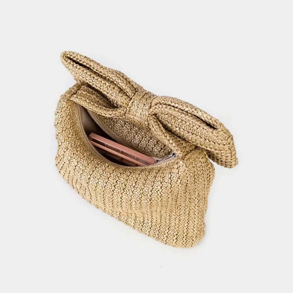 2025 Trendy Women's Bow Straw Purse Woven Clutch Handbags Summer Vacation Beach Formal Party Wedding Wallet