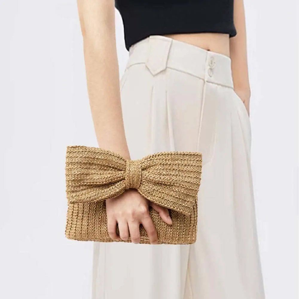 2025 Trendy Women's Bow Straw Purse Woven Clutch Handbags Summer Vacation Beach Formal Party Wedding Wallet