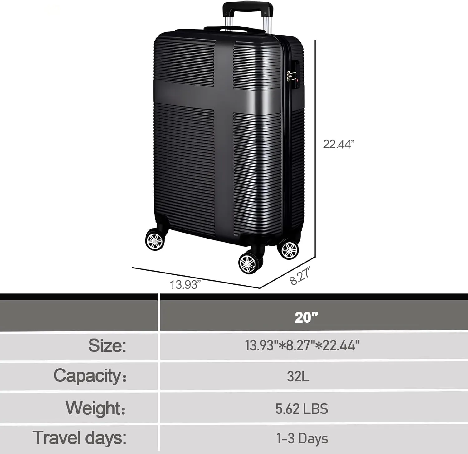 20" Carry-on Suitcases with 360 Spinner Wheels, TSA Lock, Durable Scratch-Resistant ABS Hard Shell Travel Luggage (Black, 20in)