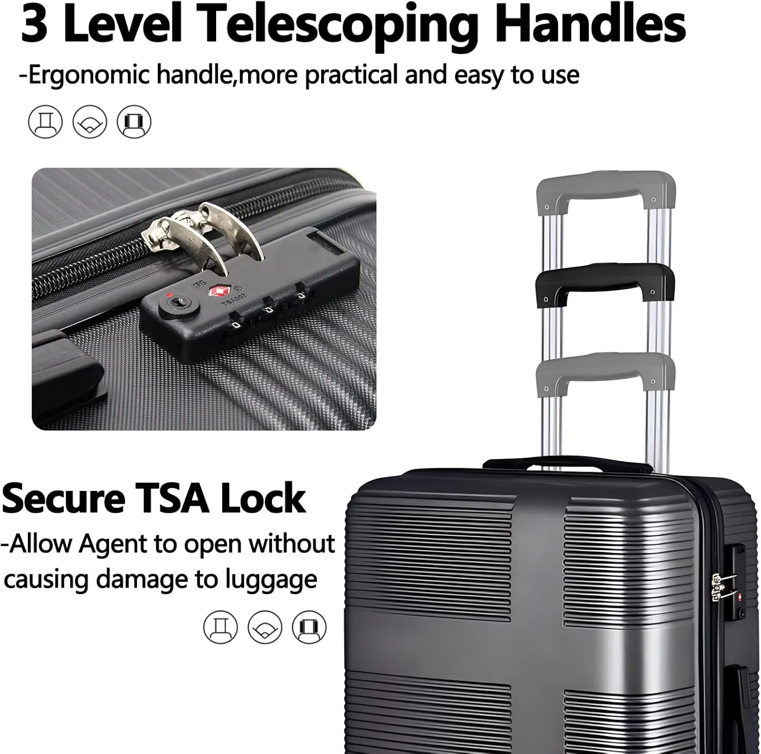20" Carry-on Suitcases with 360 Spinner Wheels, TSA Lock, Durable Scratch-Resistant ABS Hard Shell Travel Luggage (Black, 20in)