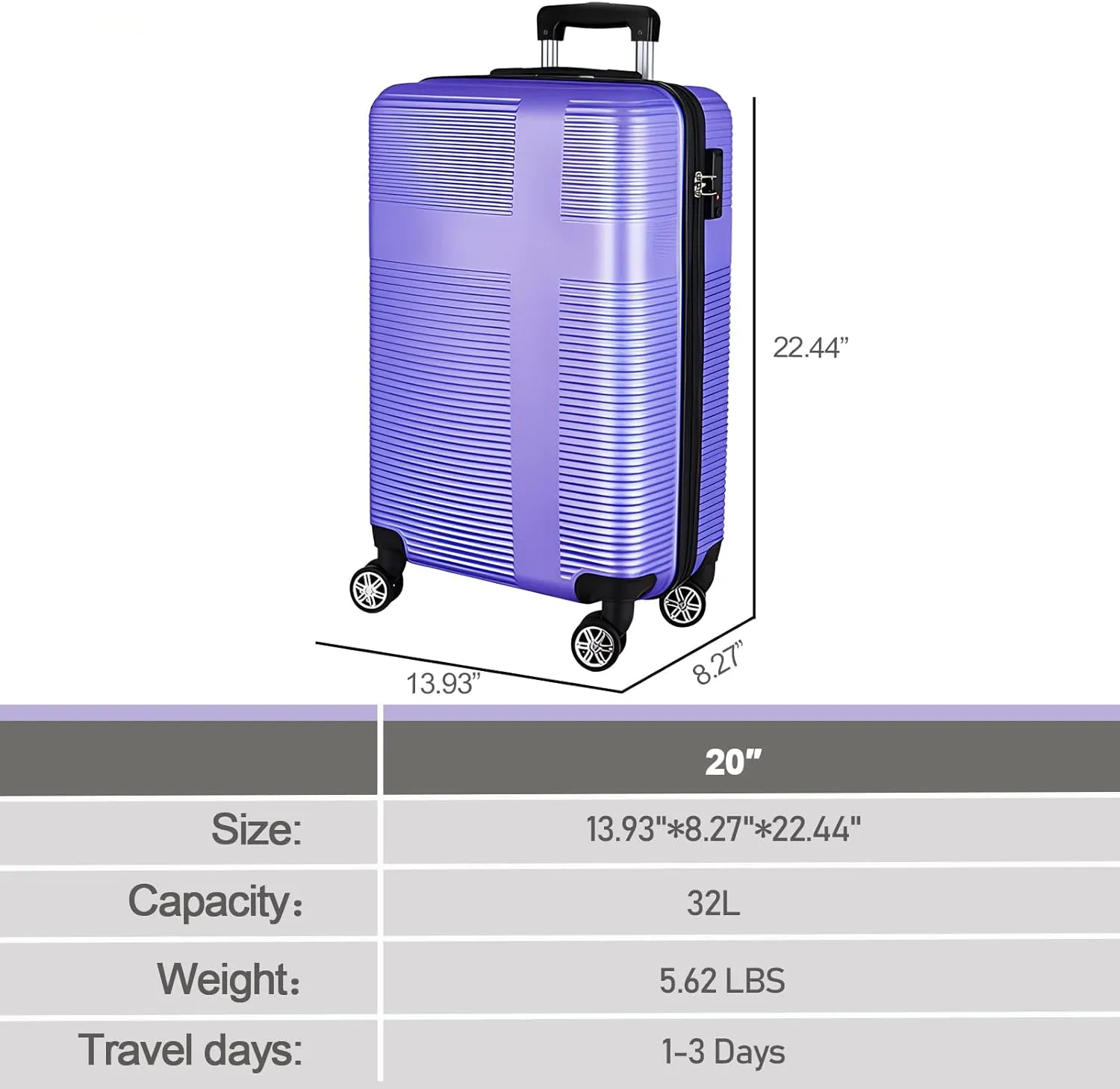 20" Carry-on Suitcases with 360 Spinner Wheels, TSA Lock, Durable Scratch-Resistant ABS Hard Shell Travel Luggage (Light Purple, 20in)
