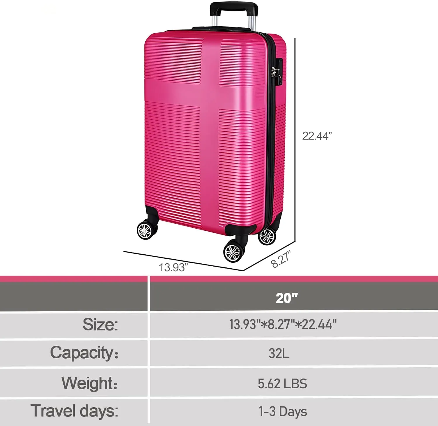20" Carry-on Suitcases with 360 Spinner Wheels, TSA Lock, Durable Scratch-Resistant ABS Hard Shell Travel Luggage (Rose Red, 20in)