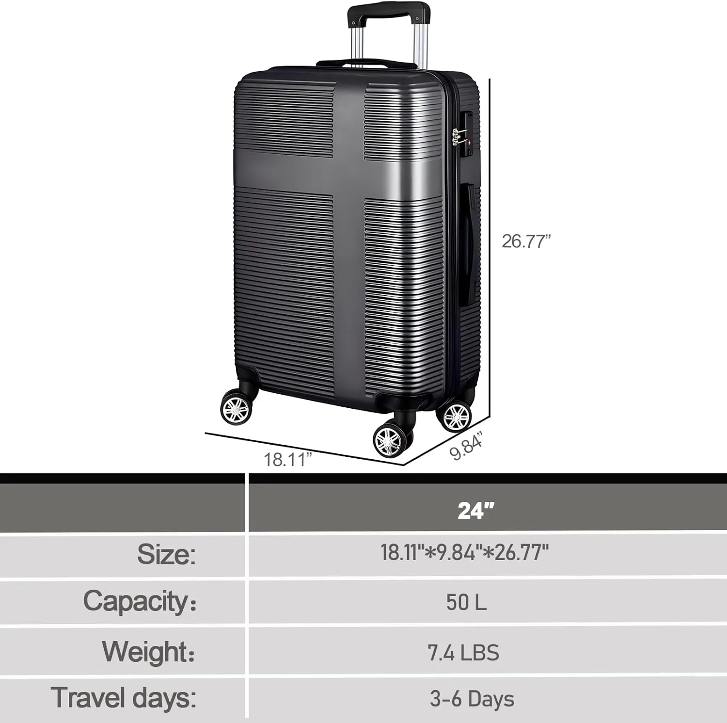 24in Suitcase with 360 Spinner Wheels, Hard Shell Suitcases with TSA Lock, Durable Scratch-Resistant ABS Travel Luggage (Black, 24in)