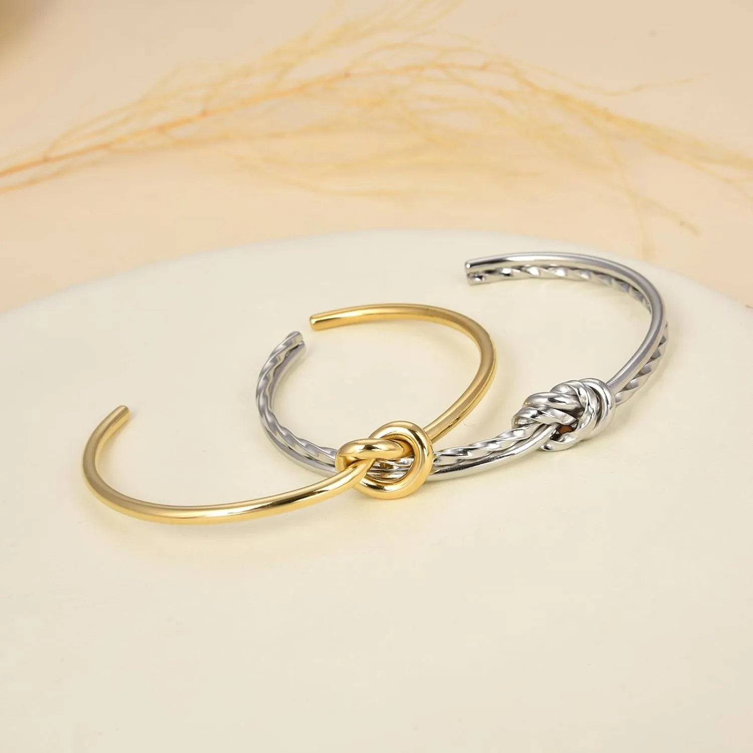 2pcs Stainless Steel Tie Knot Cuff Bangle for Women,Thin Wire Open Bangle Twist Knot Bridesmaid bracelet with 14k Real Gold Plated