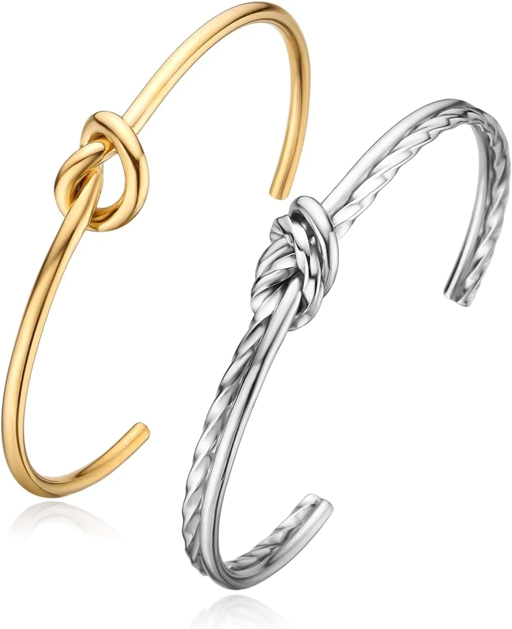 2pcs Stainless Steel Tie Knot Cuff Bangle for Women,Thin Wire Open Bangle Twist Knot Bridesmaid bracelet with 14k Real Gold Plated