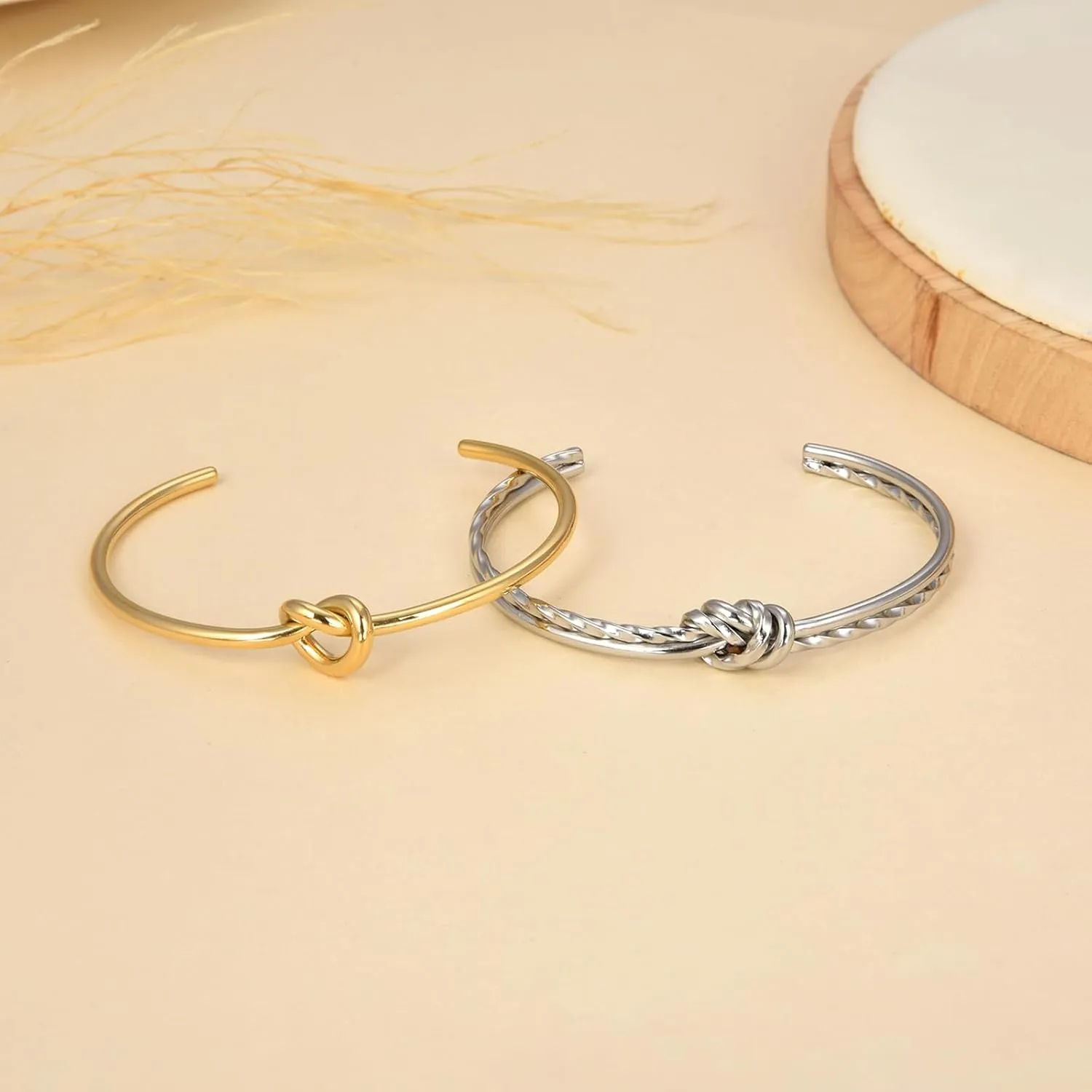 2pcs Stainless Steel Tie Knot Cuff Bangle for Women,Thin Wire Open Bangle Twist Knot Bridesmaid bracelet with 14k Real Gold Plated