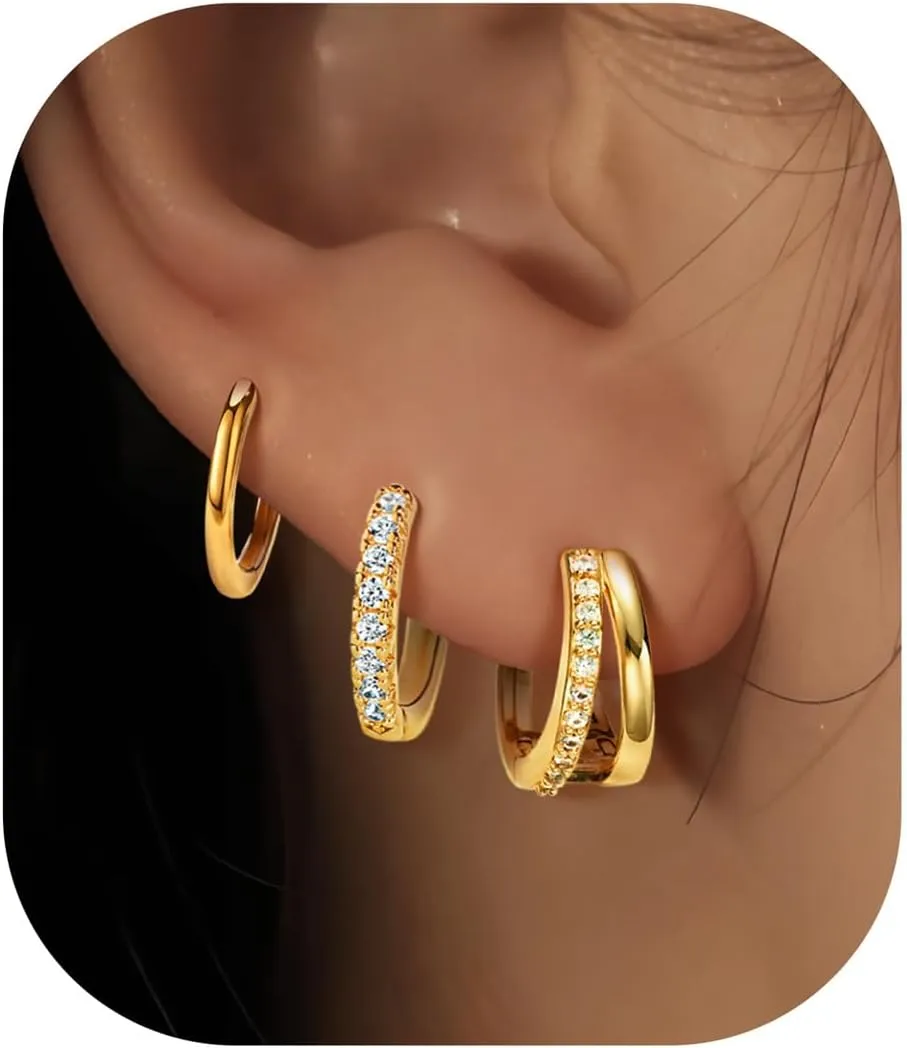 3 Pairs Gold Hoop Earrings Set for Women Chunky Stud Earrings 18K Gold Filled Hypoallergenic Small Huggie Earrings Tiny Trendy Birthday Gifts for Women