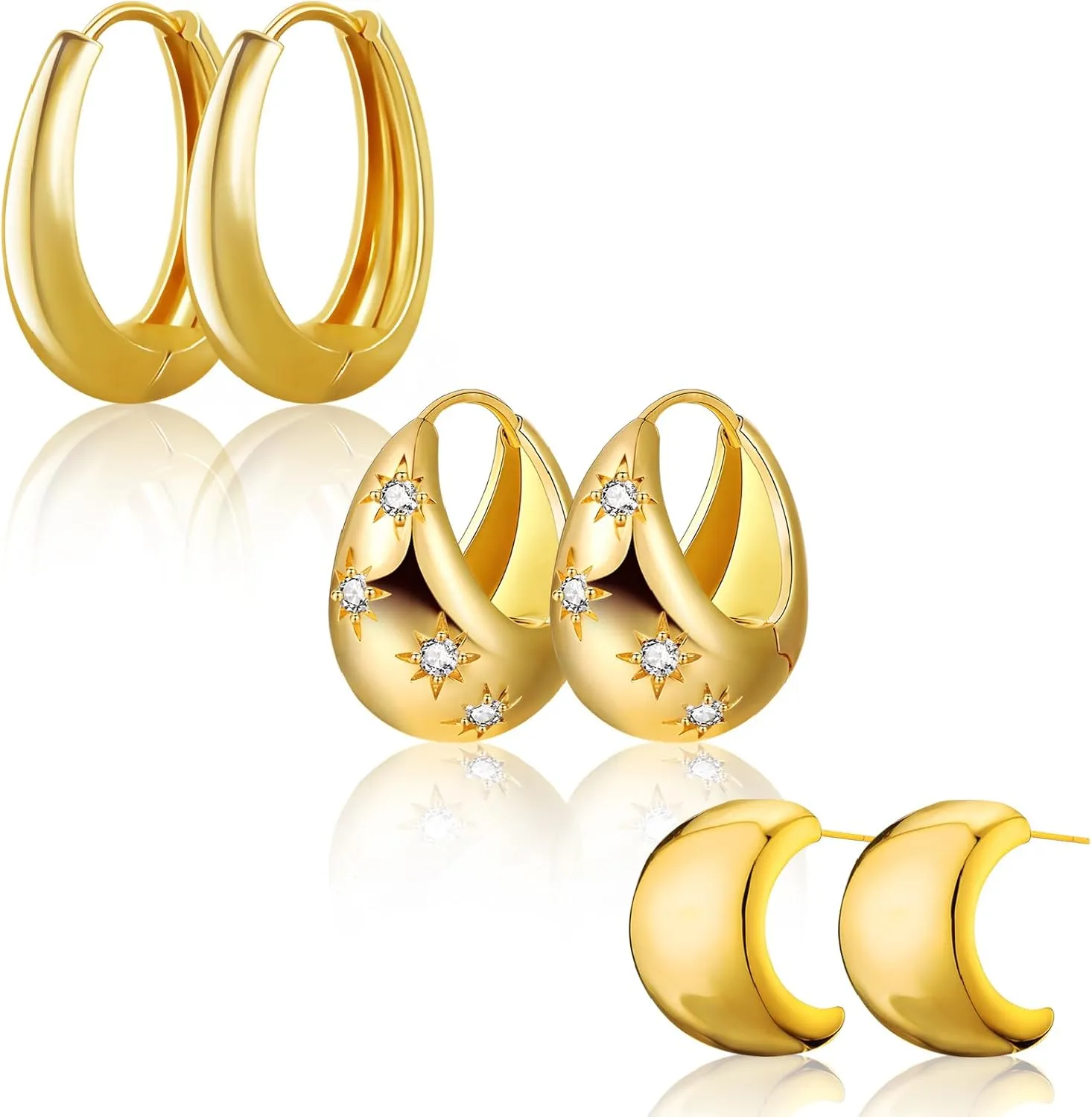 3 Pairs Gold Hoop Earrings Set for Women Chunky Stud Earrings 18K Gold Filled Hypoallergenic Small Huggie Earrings Tiny Trendy Thick-AEQG-Style-B