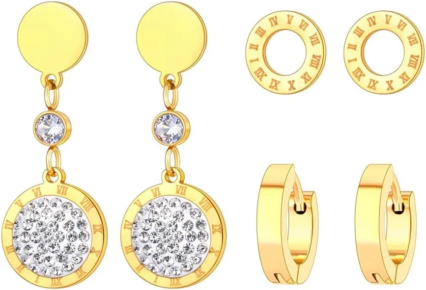 3 Pair/Set Gold Plated Stainless Steel Roman Numeral Circle Earrings with Crystal Accents for Women