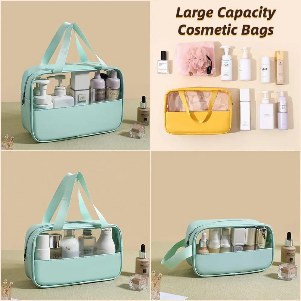 3 Pcs Cosmetic Bag Set Large Capacity Travel Toiletry Bag Waterproof Makeup Bag Cute Floral Clear Toiletry Bag Skincare Bag with Handle Travel Organizer for Accessories (Blue)