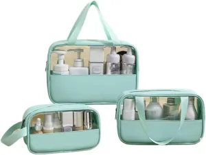 3 Pcs Cosmetic Bag Set Large Capacity Travel Toiletry Bag Waterproof Makeup Bag Cute Floral Clear Toiletry Bag Skincare Bag with Handle Travel Organizer for Accessories (Blue)