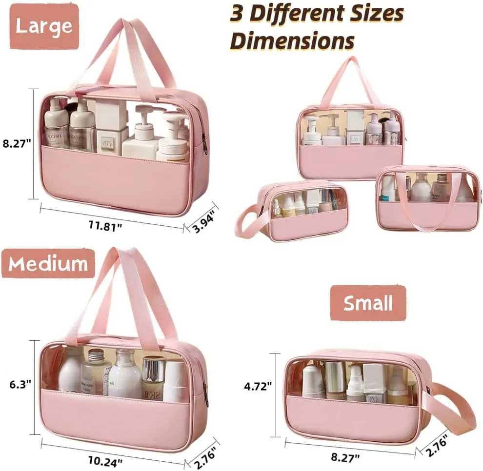 3 Pcs Cosmetic Bag Set Large Capacity Travel Toiletry Bag Waterproof Makeup Bag Cute Floral Clear Toiletry Bag Skincare Bag with Handle Travel Organizer for Accessories (Blue)