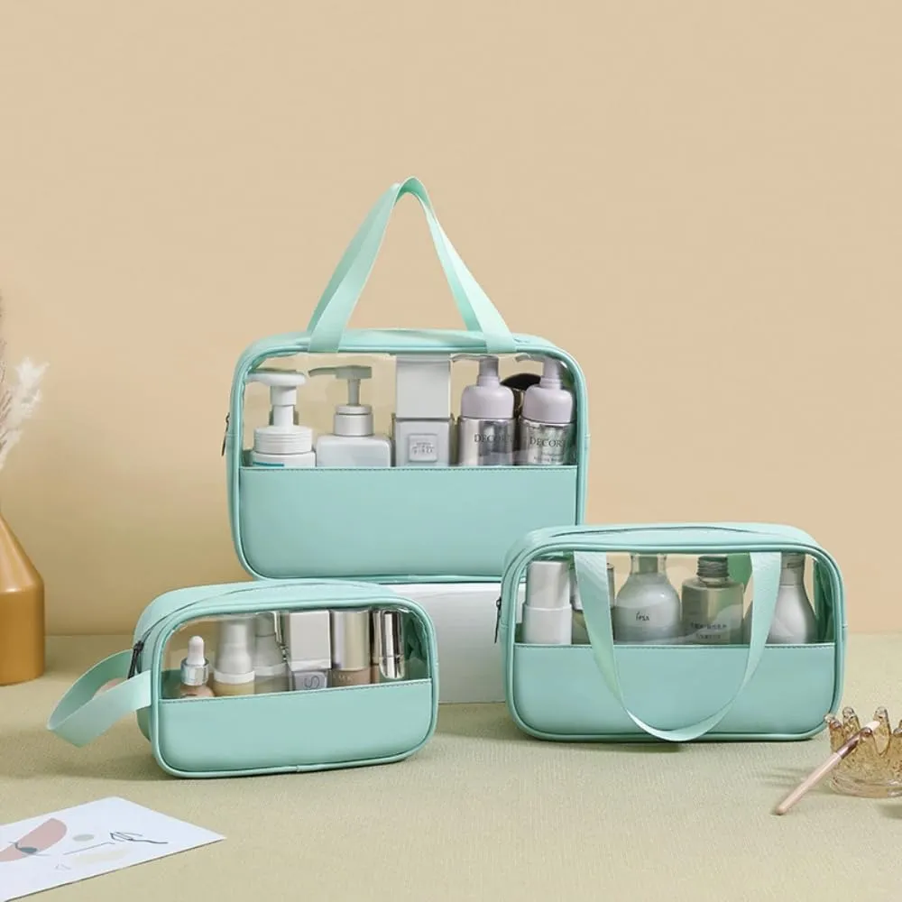 3 Pcs Cosmetic Bag Set Large Capacity Travel Toiletry Bag Waterproof Makeup Bag Cute Floral Clear Toiletry Bag Skincare Bag with Handle Travel Organizer for Accessories (Blue)