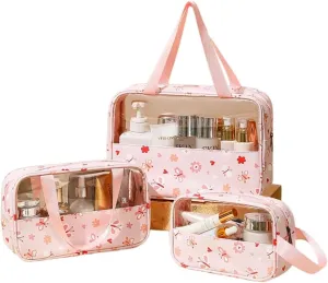 3 Pcs Cosmetic Bag Set Large Capacity Travel Toiletry Bag Waterproof Makeup Bag Cute Floral Clear Toiletry Bag Skincare Bag with Handle Travel Organizer for Accessories (Pink Floral Print)
