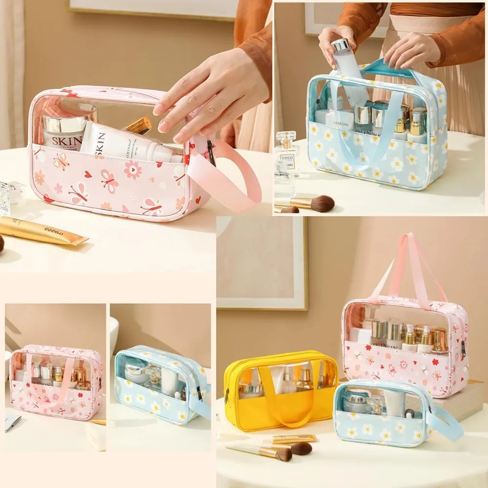 3 Pcs Cosmetic Bag Set Large Capacity Travel Toiletry Bag Waterproof Makeup Bag Cute Floral Clear Toiletry Bag Skincare Bag with Handle Travel Organizer for Accessories (Pink Floral Print)