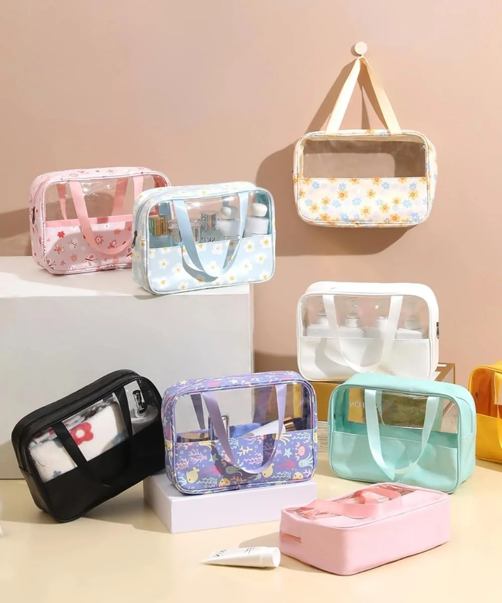 3 Pcs Cosmetic Bag Set Large Capacity Travel Toiletry Bag Waterproof Makeup Bag Cute Floral Clear Toiletry Bag Skincare Bag with Handle Travel Organizer for Accessories (Pink Floral Print)