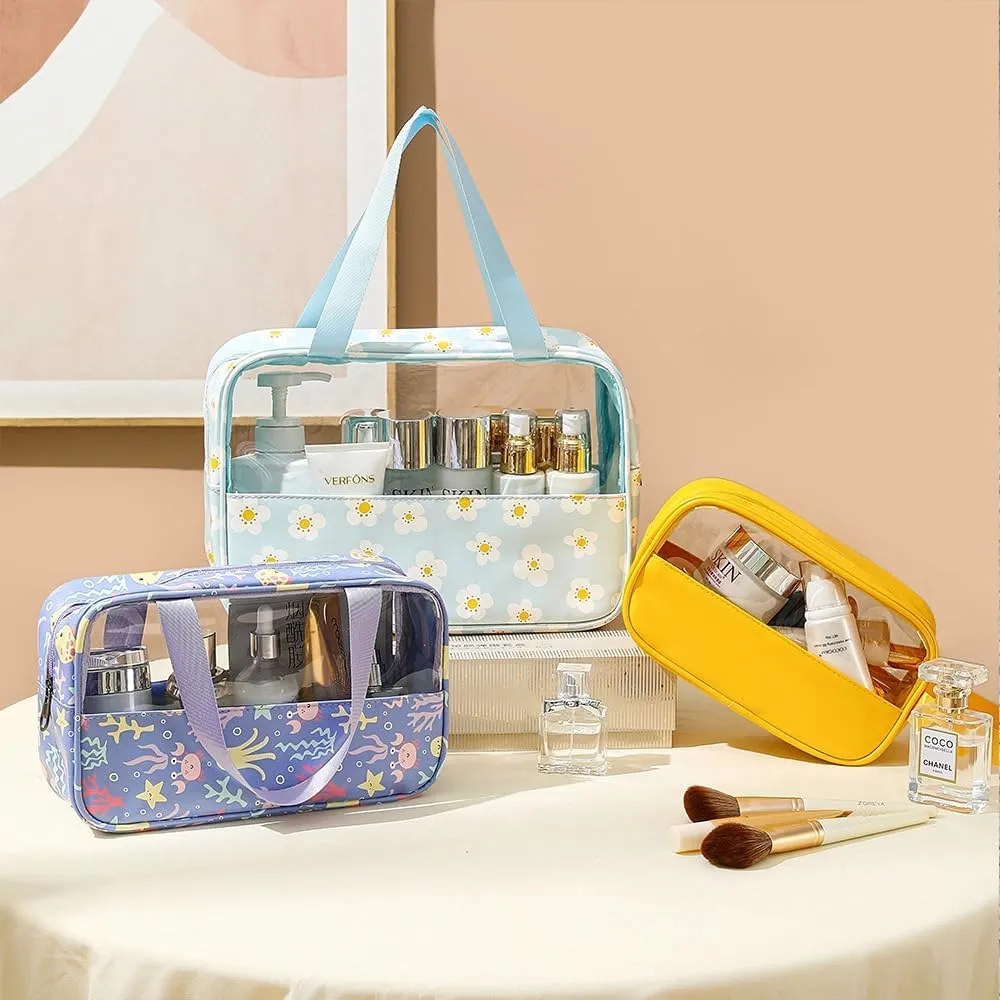 3 Pcs Cosmetic Bag Set Large Capacity Travel Toiletry Bag Waterproof Makeup Bag Cute Floral Clear Toiletry Bag Skincare Bag with Handle Travel Organizer for Accessories (Purple Floral Print)