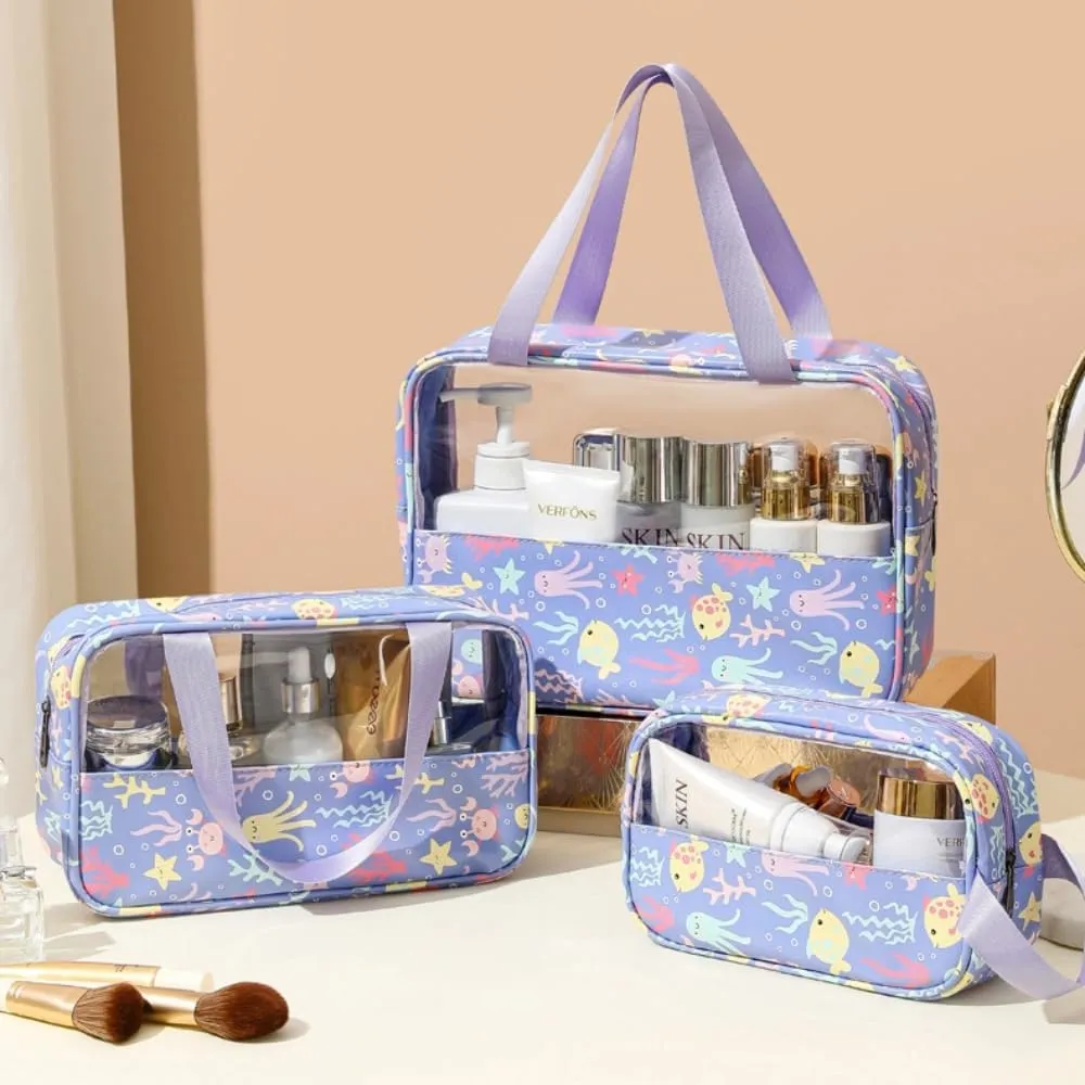 3 Pcs Cosmetic Bag Set Large Capacity Travel Toiletry Bag Waterproof Makeup Bag Cute Floral Clear Toiletry Bag Skincare Bag with Handle Travel Organizer for Accessories (Purple Floral Print)
