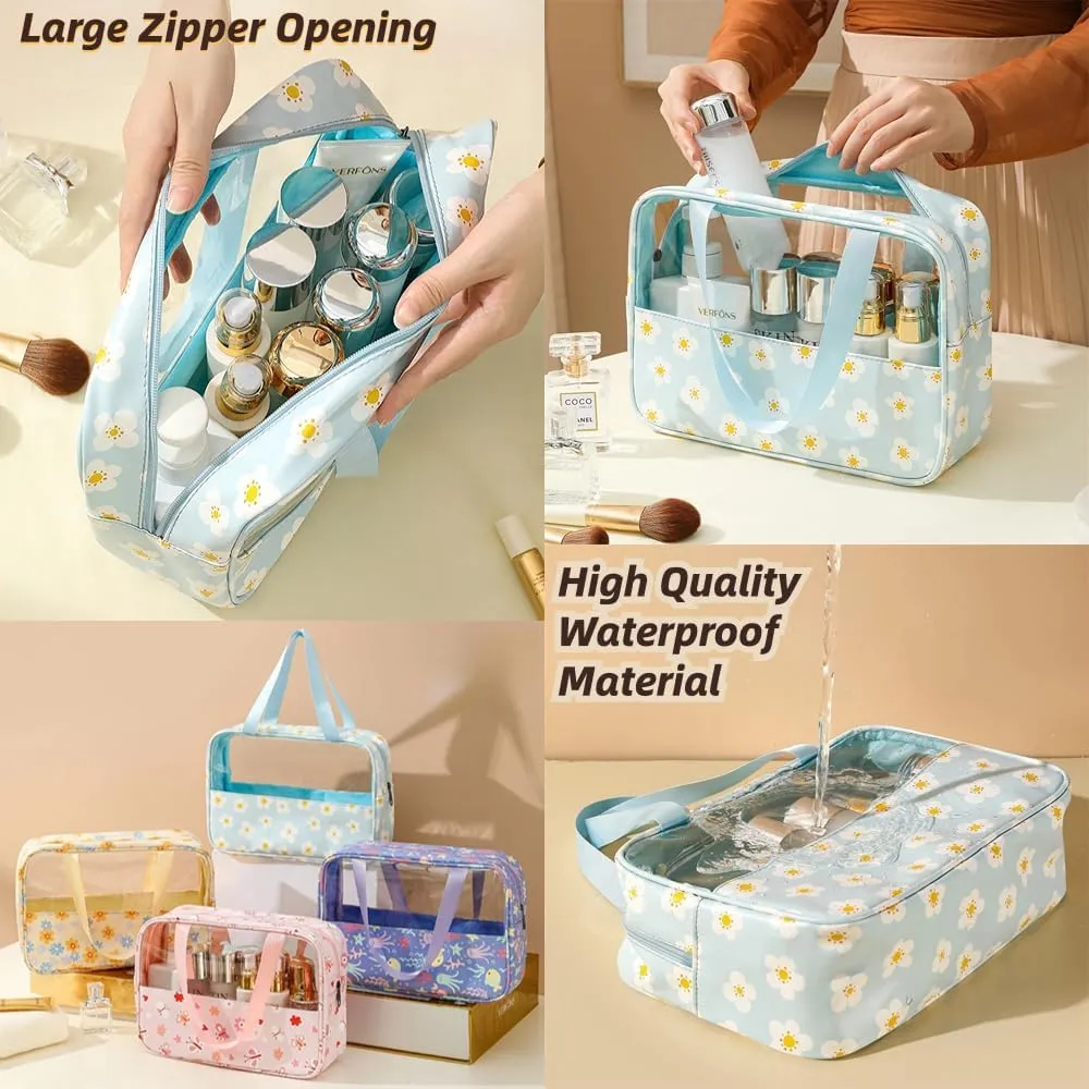 3 Pcs Cosmetic Bag Set Large Capacity Travel Toiletry Bag Waterproof Makeup Bag Cute Floral Clear Toiletry Bag Skincare Bag with Handle Travel Organizer for Accessories (Purple Floral Print)