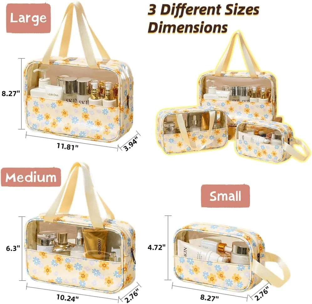 3 Pcs Cosmetic Bag Set Large Capacity Travel Toiletry Bag Waterproof Makeup Bag Cute Floral Clear Toiletry Bag Skincare Bag with Handle Travel Organizer for Accessories (Purple Floral Print)