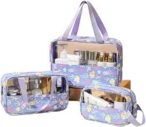 3 Pcs Cosmetic Bag Set Large Capacity Travel Toiletry Bag Waterproof Makeup Bag Cute Floral Clear Toiletry Bag Skincare Bag with Handle Travel Organizer for Accessories (Purple Floral Print)