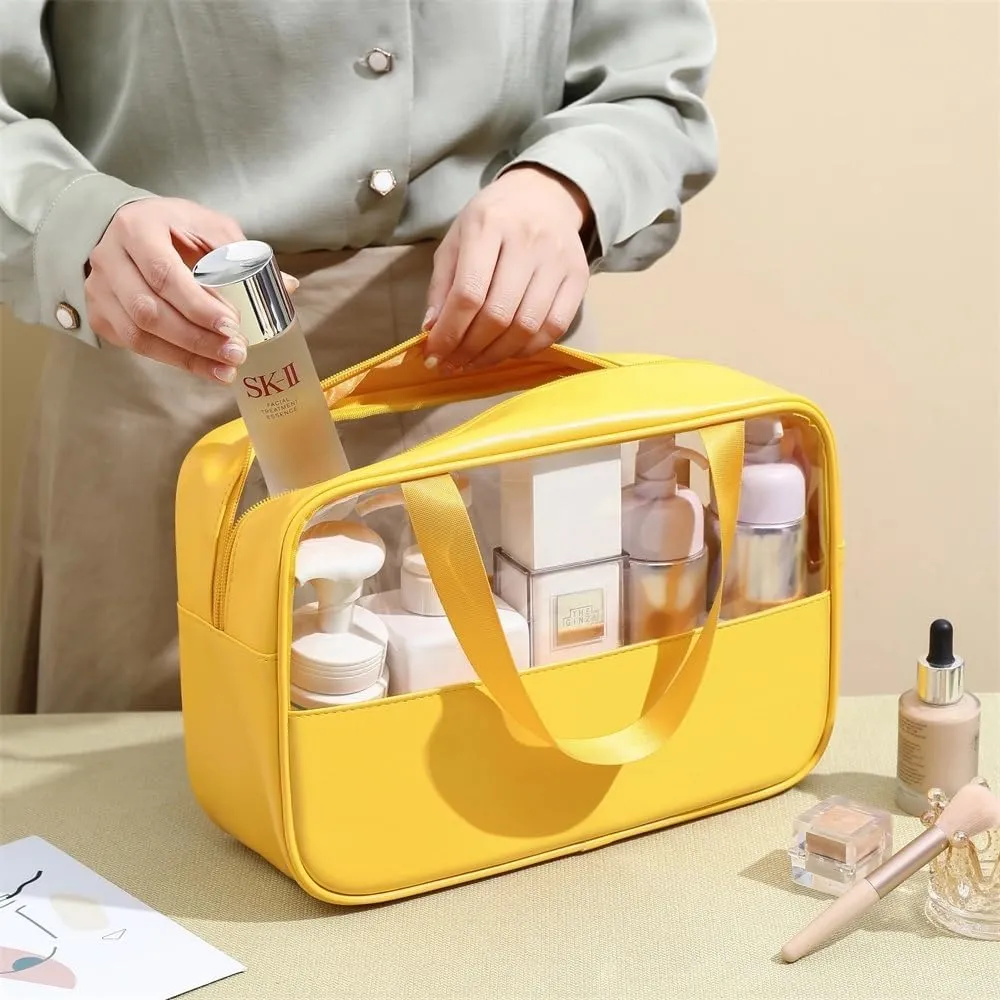 3 Pcs Cosmetic Bag Set Large Capacity Travel Toiletry Bag Waterproof Makeup Bag Cute Floral Clear Toiletry Bag Skincare Bag with Handle Travel Organizer for Accessories (Yellow)