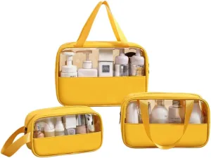 3 Pcs Cosmetic Bag Set Large Capacity Travel Toiletry Bag Waterproof Makeup Bag Cute Floral Clear Toiletry Bag Skincare Bag with Handle Travel Organizer for Accessories (Yellow)