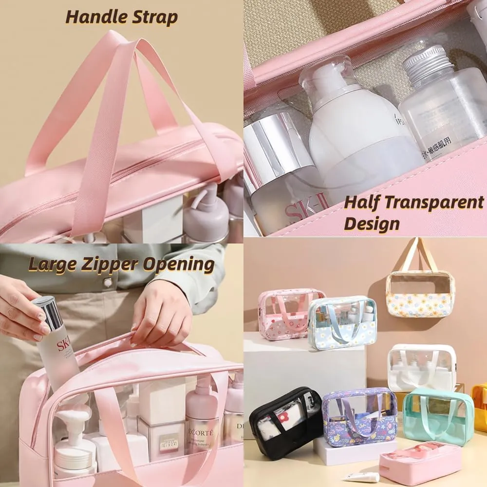 3 Pcs Cosmetic Bag Set Large Capacity Travel Toiletry Bag Waterproof Makeup Bag Cute Floral Clear Toiletry Bag Skincare Bag with Handle Travel Organizer for Accessories (Yellow)