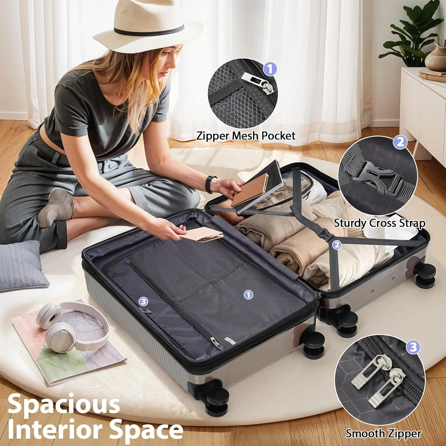 3-Piece ABS Hardshell Suitcase Set with Silent Spinner Wheels, Expandable Lightweight Luggage with TSA Lock, Carry-On & Checked Travel Suitcases 20"/24"/28" (Fog Gray)