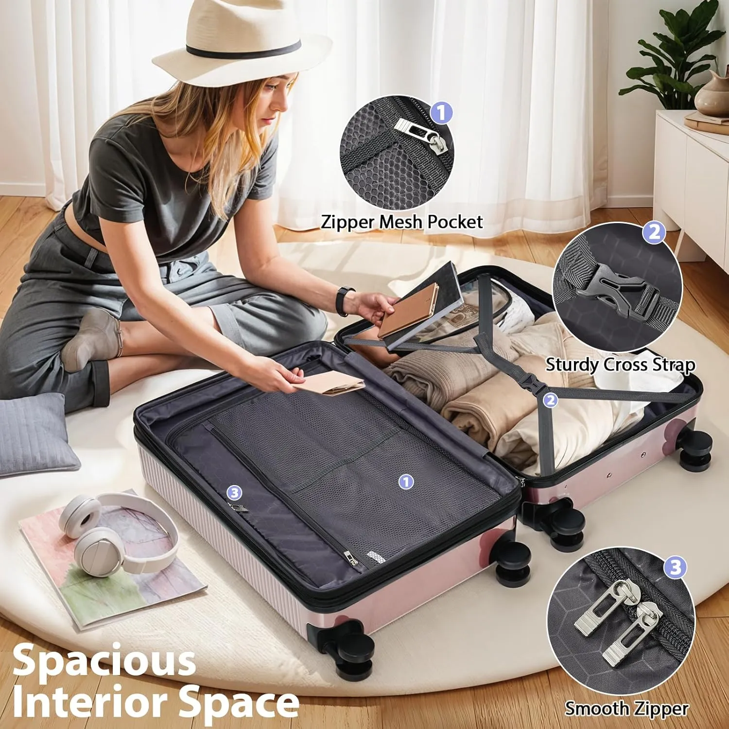 3-Piece ABS Hardshell Suitcase Set with Silent Spinner Wheels, Expandable Lightweight Luggage with TSA Lock, Carry-On & Checked Travel Suitcases 20"/24"/28" (Rose Gold)