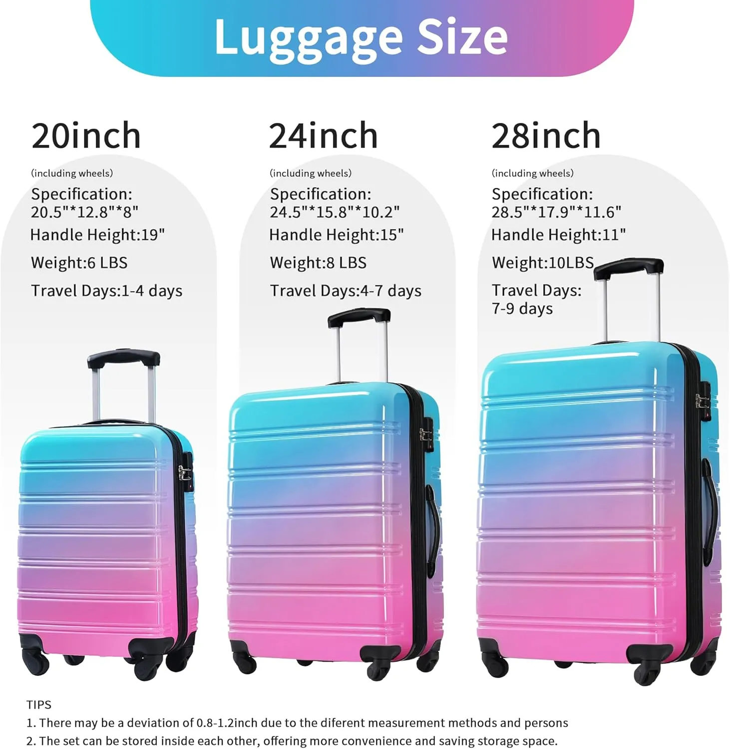 3-Piece Hardshell Suitcase Set with TSA Lock,Spinner Luggage, Light weight 360 Wheels for Travel and Vacation Essentials 20" 24" 28" (Blue Red)