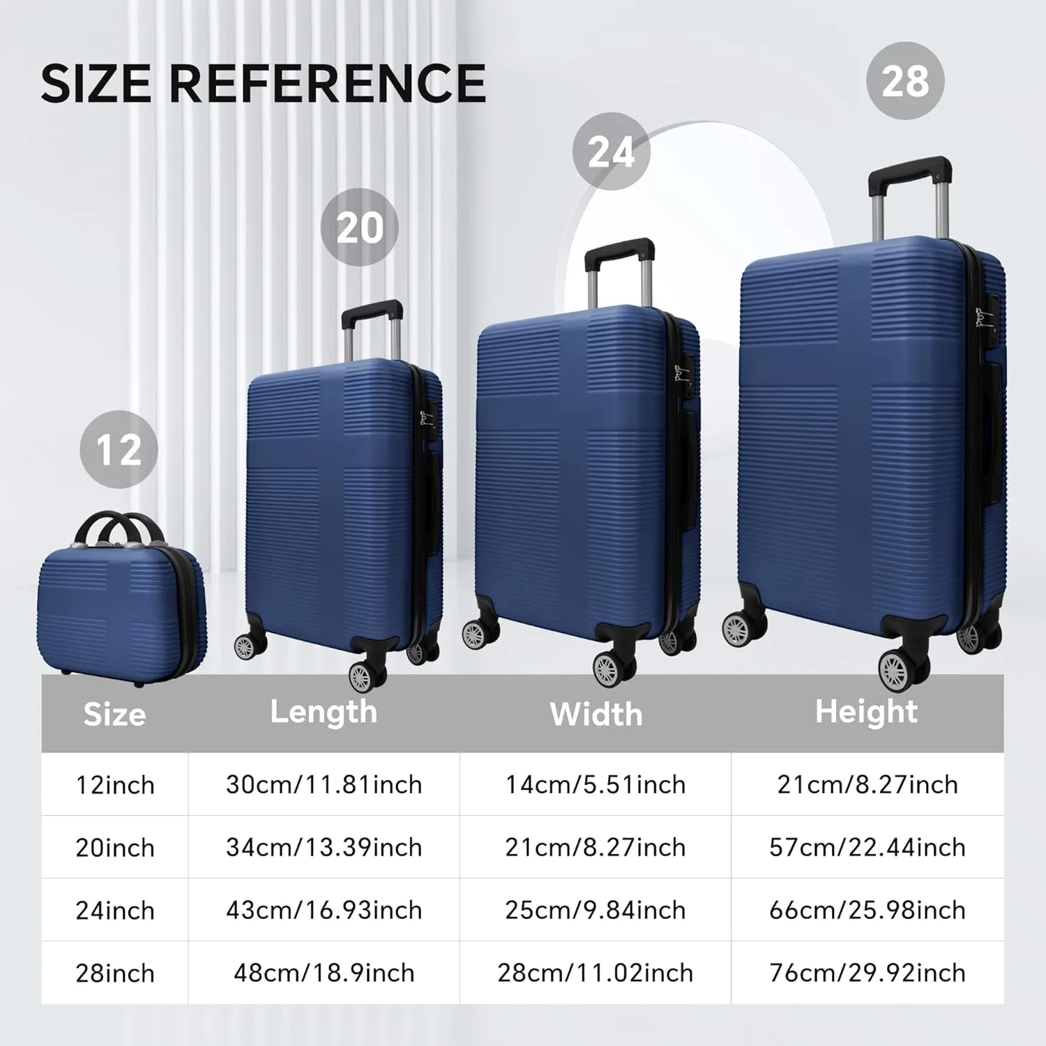 3-Piece Luggage Set, 12'' 20" 24" 28" Hard Shell Suitcases with 360 Spinner Wheels, TSA Lock, Durable Scratch-Resistant ABS Travel Luggage (Dark Blue, 4 pcs)