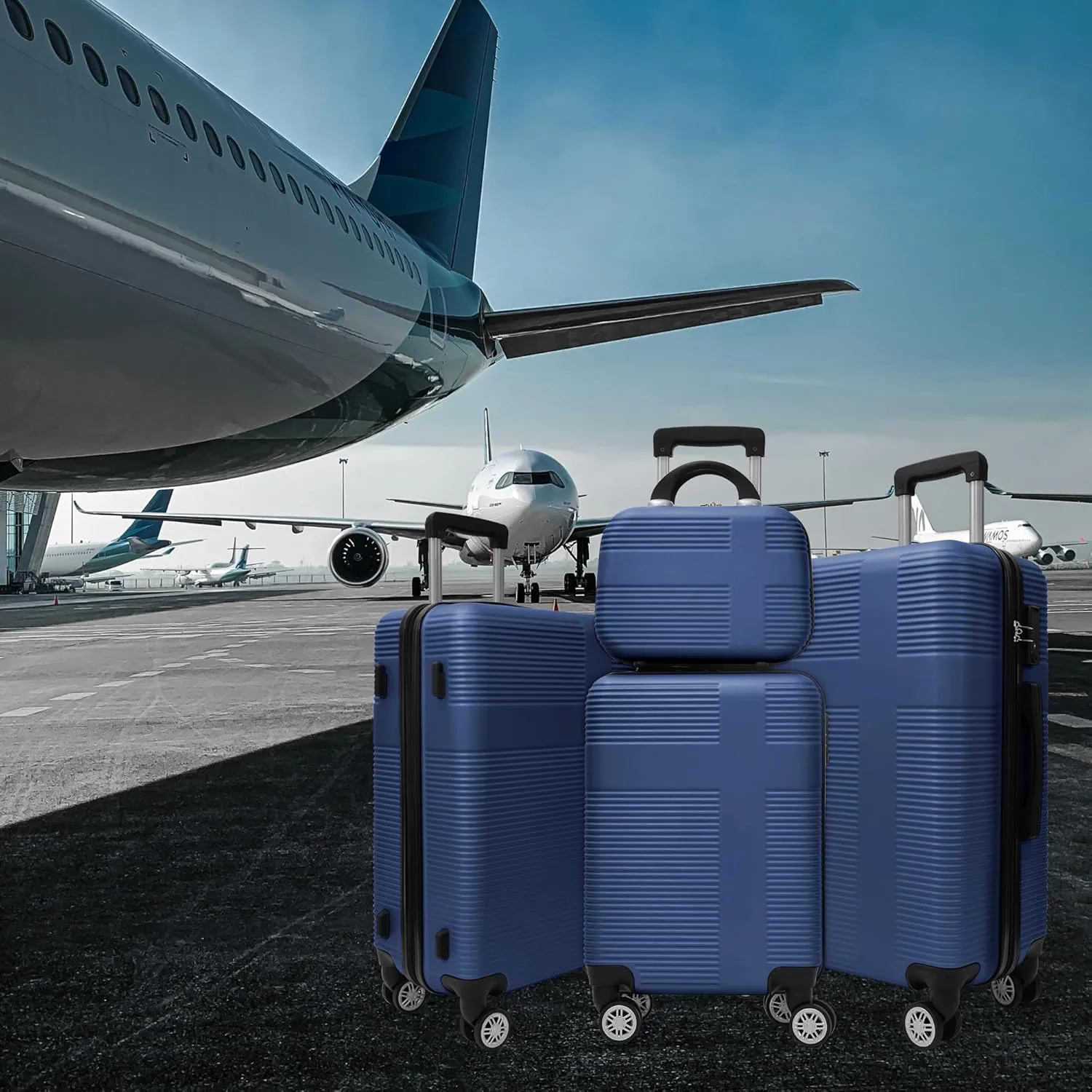 3-Piece Luggage Set, 12'' 20" 24" 28" Hard Shell Suitcases with 360 Spinner Wheels, TSA Lock, Durable Scratch-Resistant ABS Travel Luggage (Dark Blue, 4 pcs)