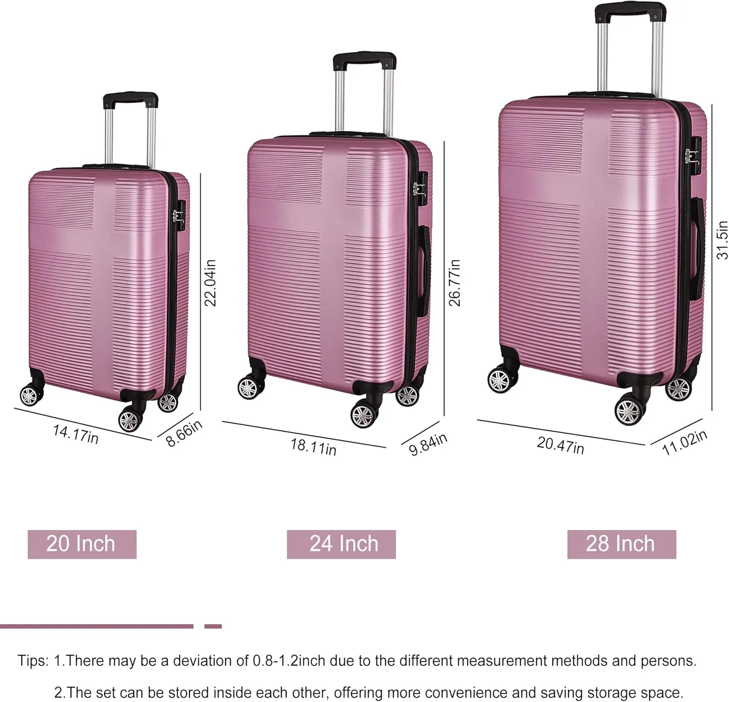 3-Piece Luggage Set, 20" 24" 28" Hard Shell Suitcases with 360 Spinner Wheels, TSA Lock, Durable Scratch-Resistant ABS Travel Luggage (Pink, 3 pcs)