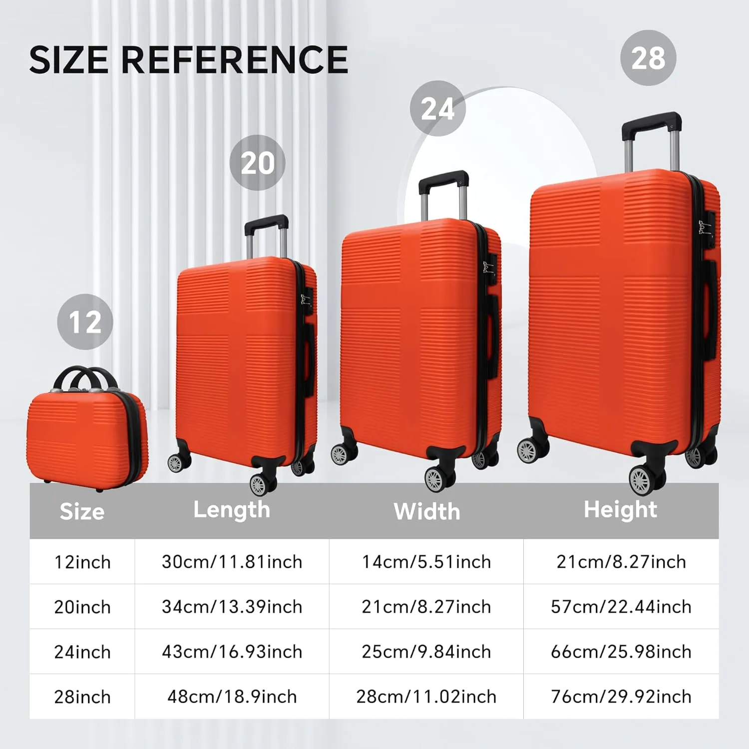 4-Piece Luggage Set, 12'' 20" 24" 28" Hard Shell Suitcases with 360 Spinner Wheels, TSA Lock, Durable Scratch-Resistant ABS Travel Luggage (Orange, 4 pcs)