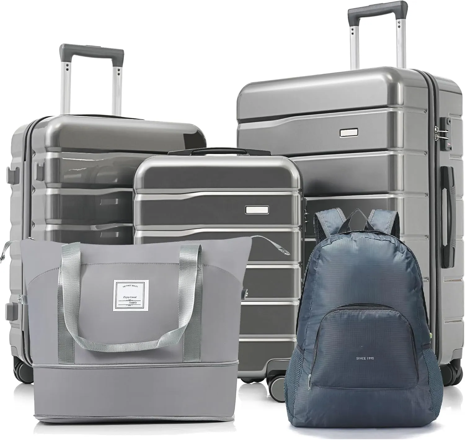 5 Piece Luggage Set with Expandable Duffel Bag & Foldable Backpack, 20"/24"/28" Suitcases with 360 Spinner Wheels, Grey