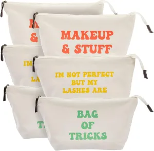 6 Pack Small Canvas Makeup Bags with Zipper for Women, 3 Designs (White, 8 x 4 x 6 In)