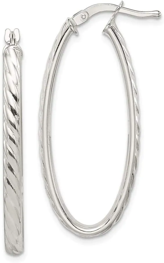 925 Sterling Silver Textured Oval Tube Hoop Earrings - 34mm x 16mm