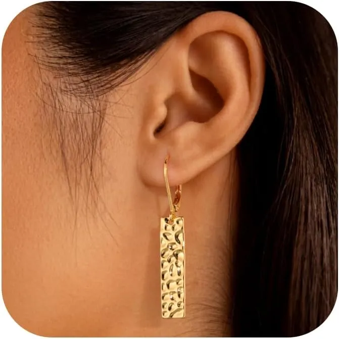 ALEXCRAFT 925 Sterling Silver Dangle Earrings for Women, 14K Gold Plated French Leverback Earrings, Hypoallergenic Lightweight Statement Hammer Square Bar Long Drop Earing for Women Trendy Jewelry