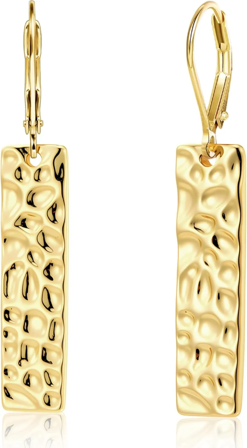 ALEXCRAFT 925 Sterling Silver Dangle Earrings for Women, 14K Gold Plated French Leverback Earrings, Hypoallergenic Lightweight Statement Hammer Square Bar Long Drop Earing for Women Trendy Jewelry